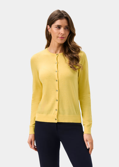 Ladies Cotton Cashmere Crew Neck Cardigan in Yellow
