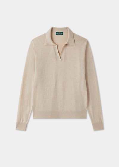 Ladies Cotton Cashmere Open Placket Jumper in Beige