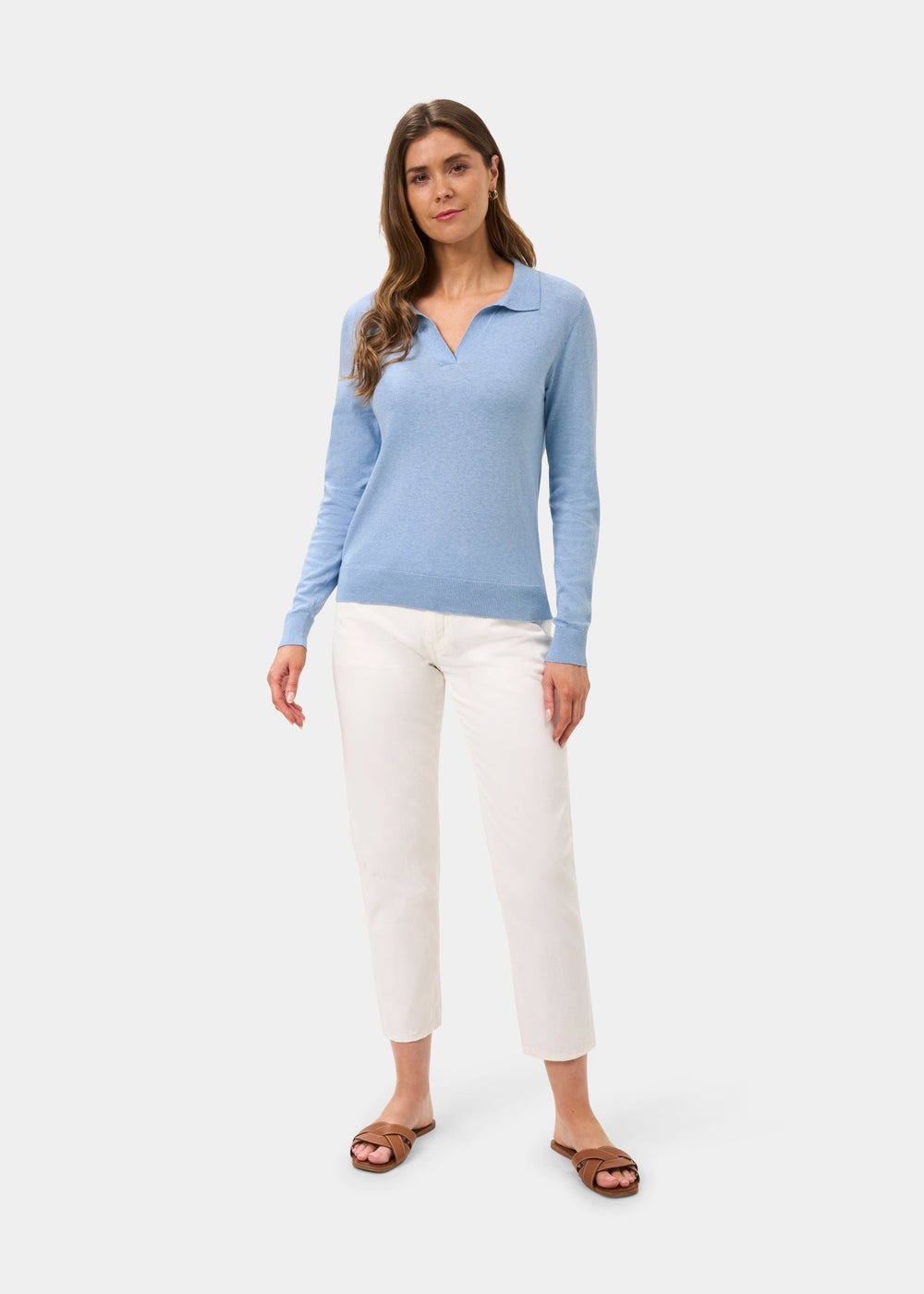 Ladies Cotton Cashmere Open Placket Jumper in Light Blue