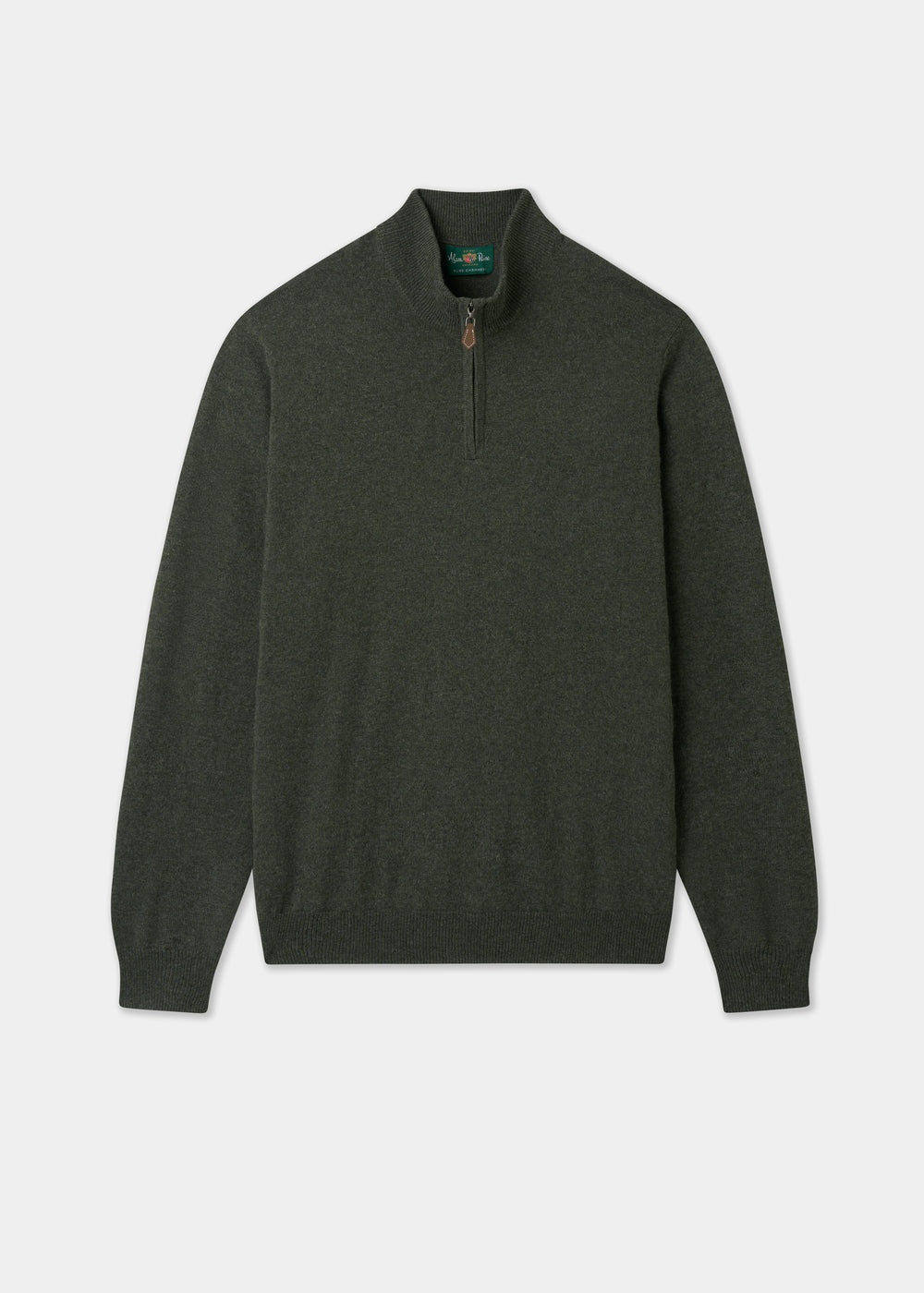 Hanbury Pure Cashmere Quarter Zip Jumper in Rosemary, regular fit, 100% cashmere, ribbed cuffs and hem.