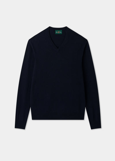 Men's Cashmere Vee Neck Jumper in Dark Navy