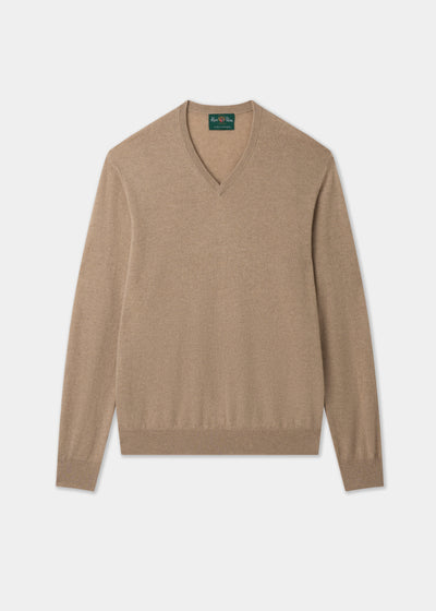 Men's Cashmere Vee Neck Jumper in Linen