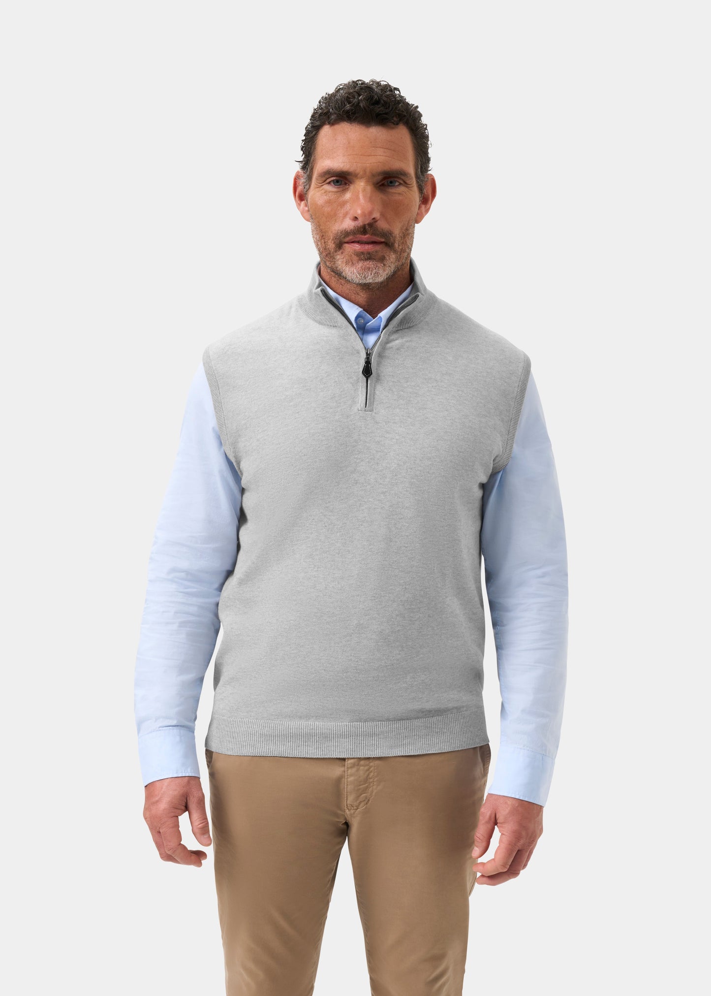 Men's Cotton Cashmere Quarter Zip Gilet in Light Grey