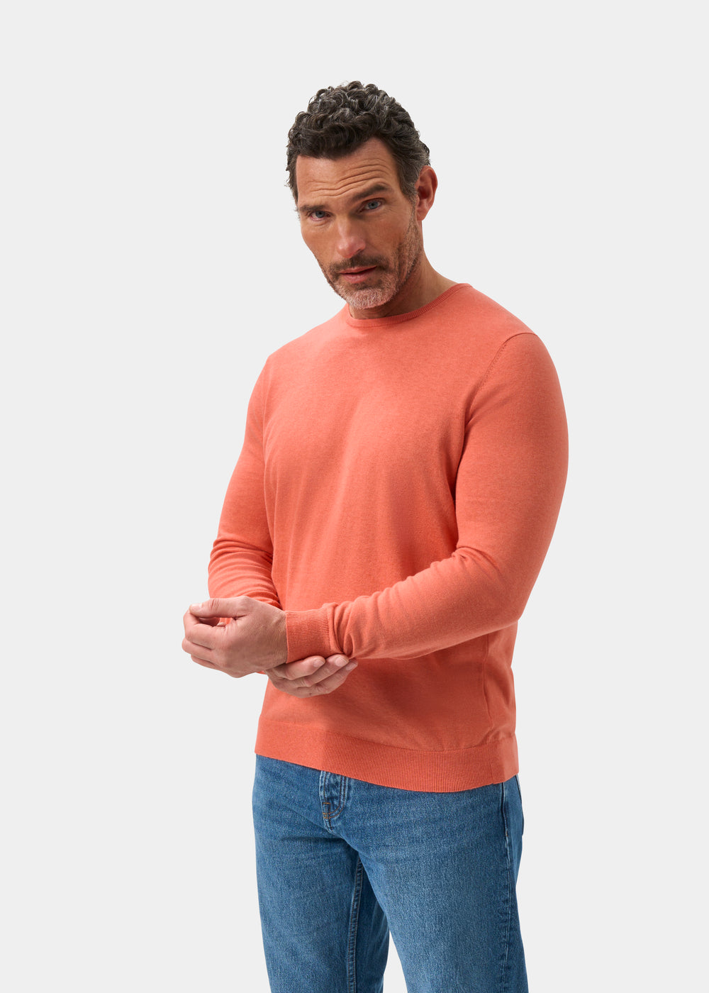 Men's Cotton Cashmere Crew Neck Jumper in Coral