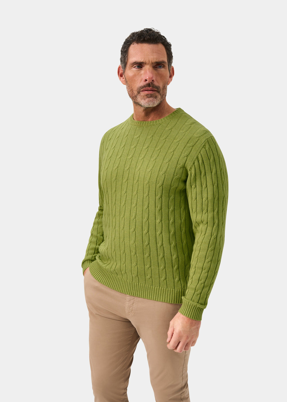Honley Cotton Cashmere Cable Knit Crew Neck Jumper In Lichen - Regular Fit