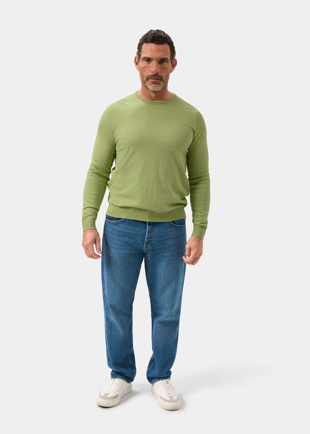 Men's Cotton Cashmere Crew Neck Jumper in Pale Green