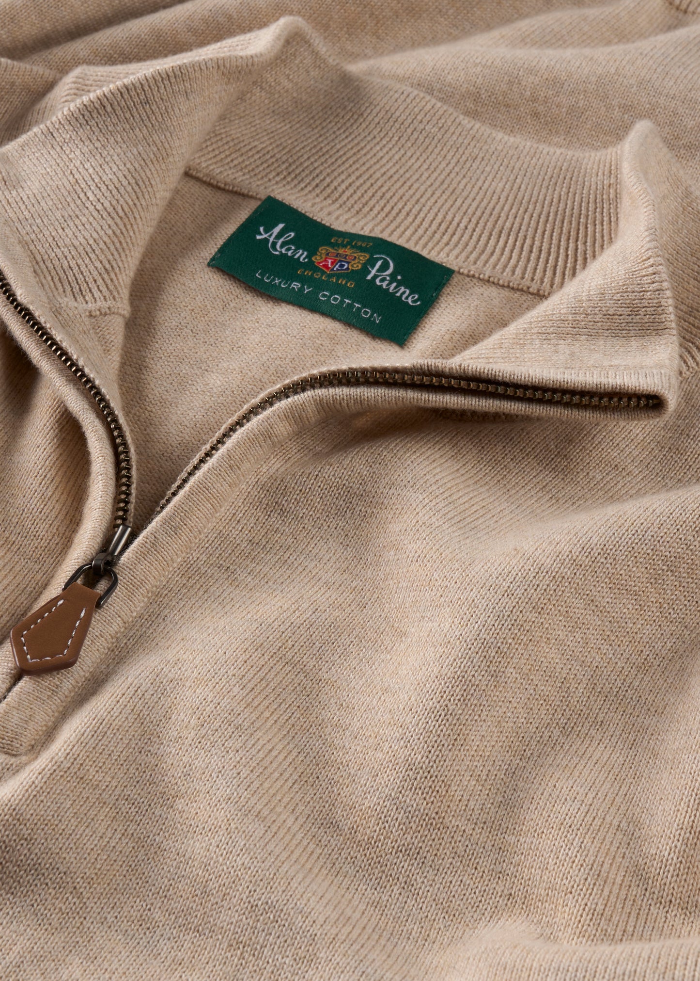 Mens Cotton Cashmere Quarter Zip Jumper in Beige
