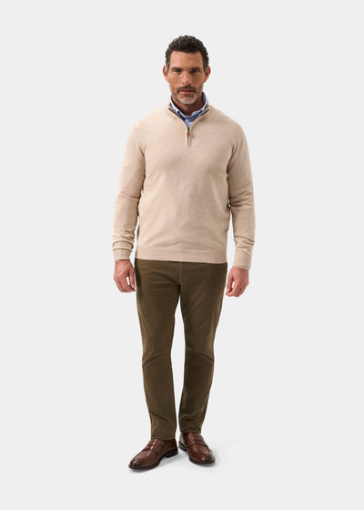 Mens Cotton Cashmere Quarter Zip Jumper in Beige