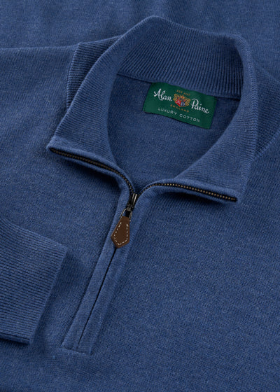 Mens Cotton Cashmere Quarter Zip Jumper in Indigo