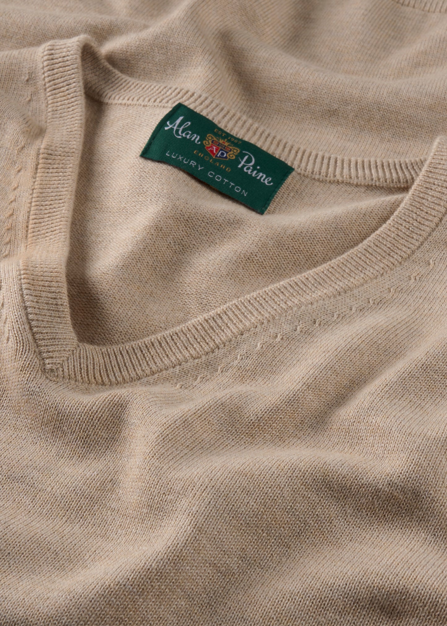Men's Cotton Cashmere Vee Neck Jumper in Beige