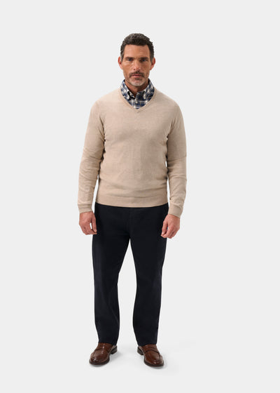 Men's Cotton Cashmere Vee Neck Jumper in Beige