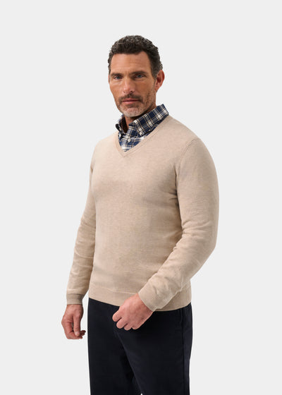 Men's Cotton Cashmere Vee Neck Jumper in Beige