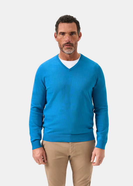 Men's Cotton Cashmere Vee Neck Jumper in Blue