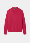 Men's Cotton Cashmere Vee Neck Jumper in Raspberry