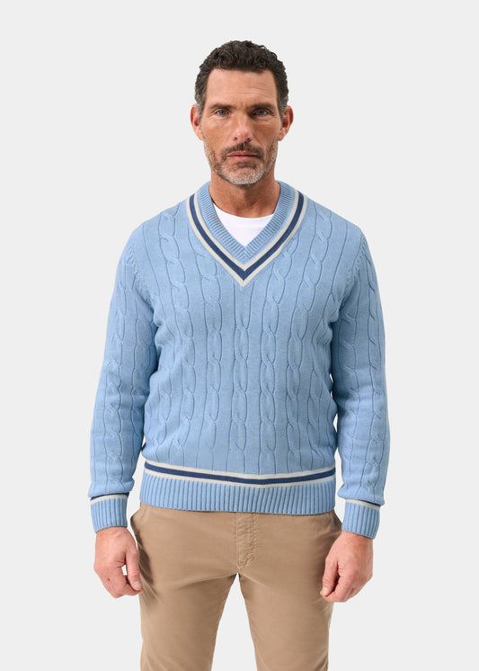 Men's Cotton Vee Neck Cricket Jumper in Light Blue, White and Dark Blue