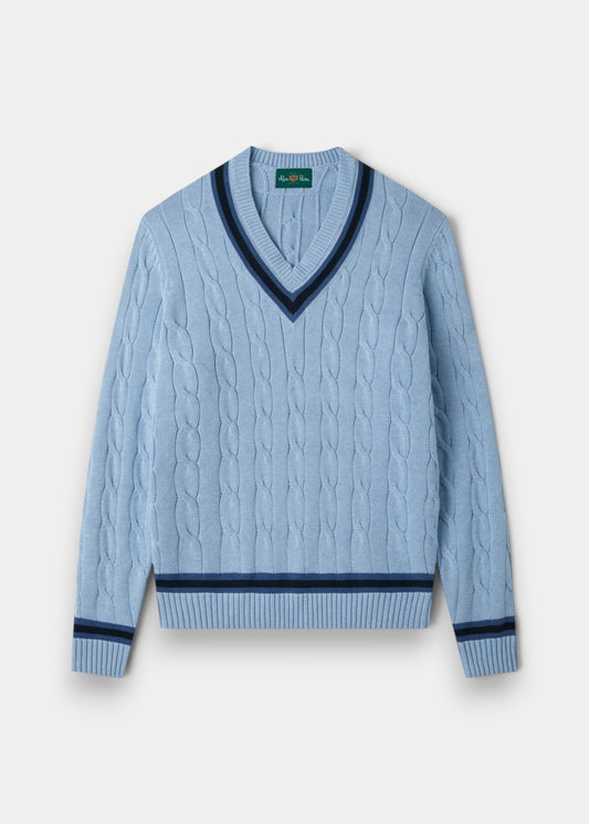Cotton V-Neck Cricket Jumper In Light Blue and Navy