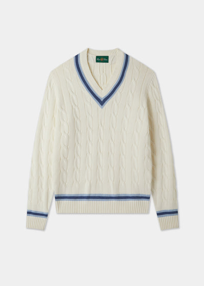 Men's Cotton V-neck Cricket Jumper In White and Blue