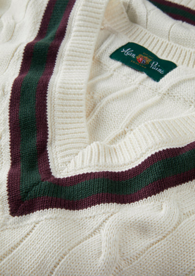 Men's Cotton Vee Neck Cricket Jumper in White, Purple and Green