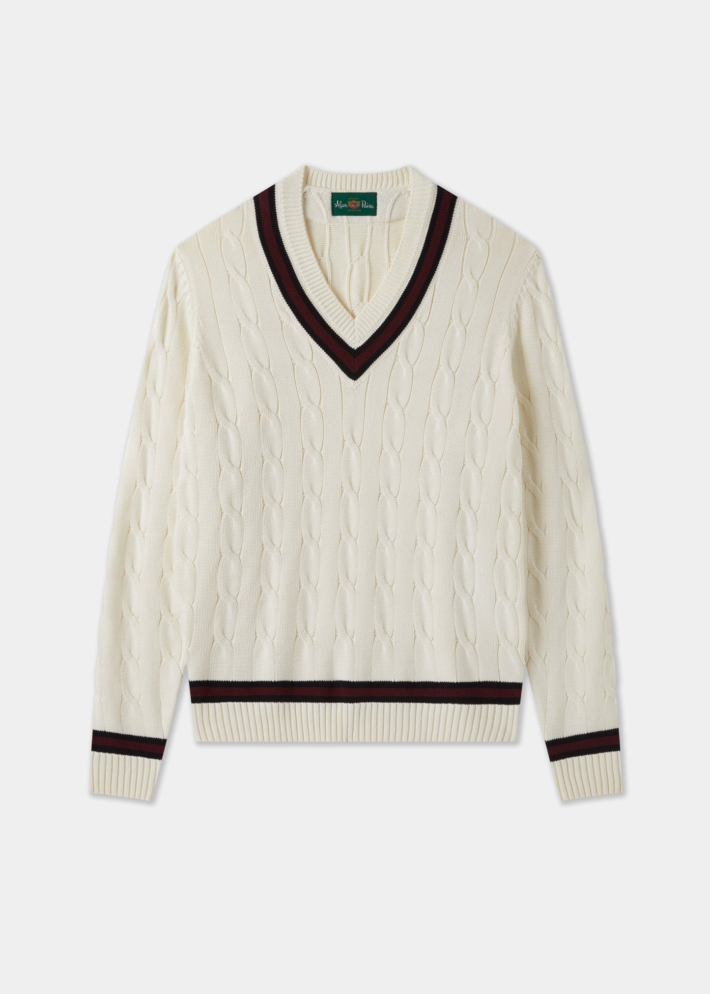 Men's Cotton Vee Neck Cricket Jumper in White, Navy and Purple