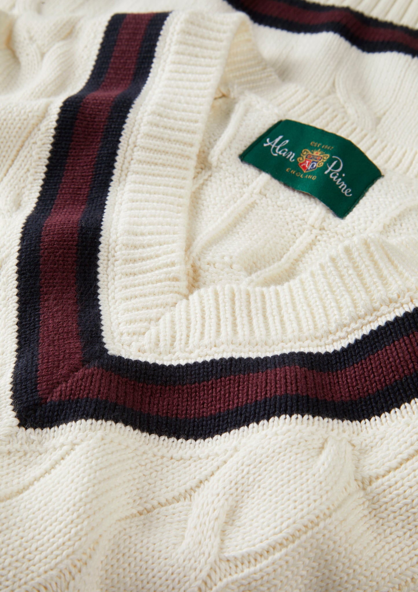 Men's Cotton Vee Neck Cricket Jumper in White, Navy and Purple