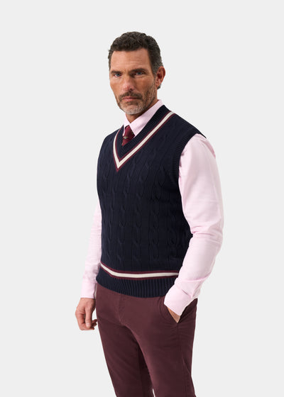 Men's Cotton Vee Neck Slipover Cricket Jumper in Navy and Purple