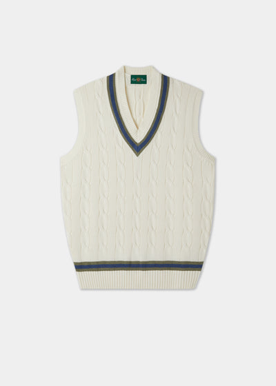 Men's Cotton Vee Neck Slipover Cricket Junper in White and Blue