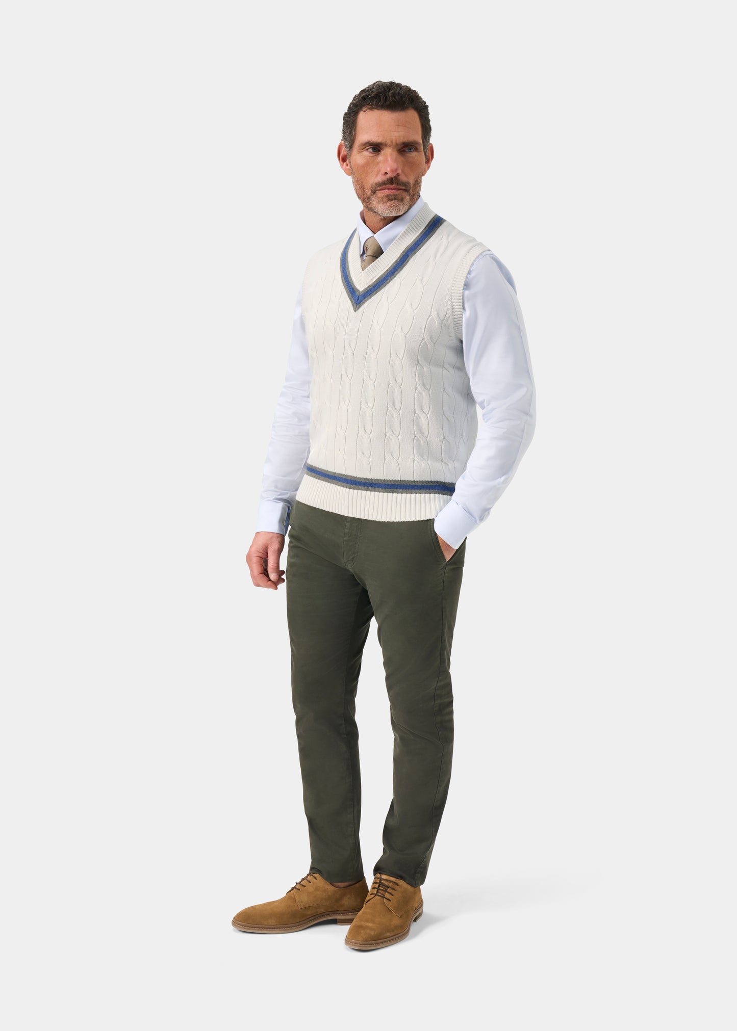 Men's Cotton Vee Neck Slipover Cricket Junper in White and Blue