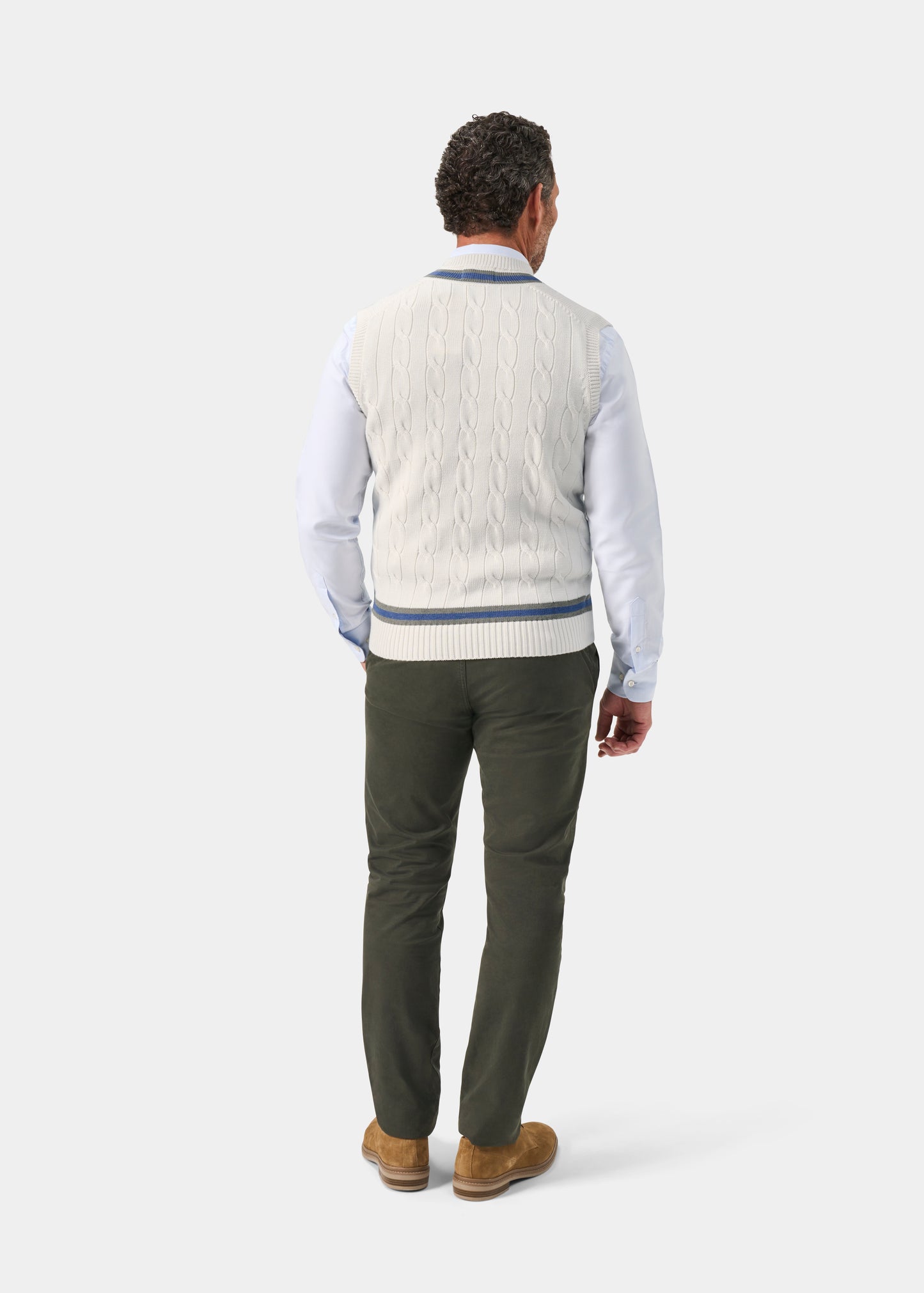 Men's Cotton Vee Neck Slipover Cricket Junper in White and Blue