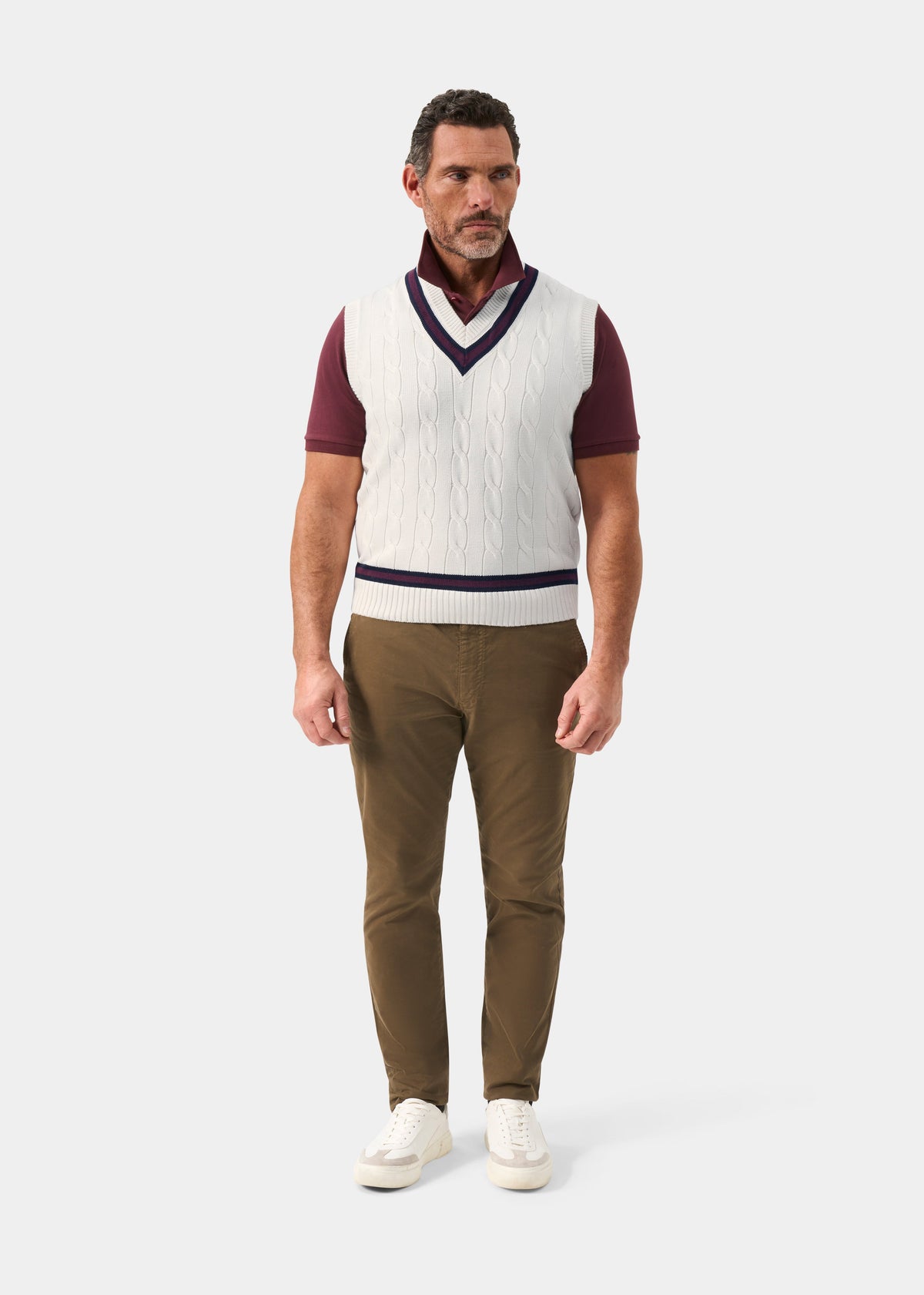 Men's Cotton Vee Neck Slipover Cricket Junper in White and Red