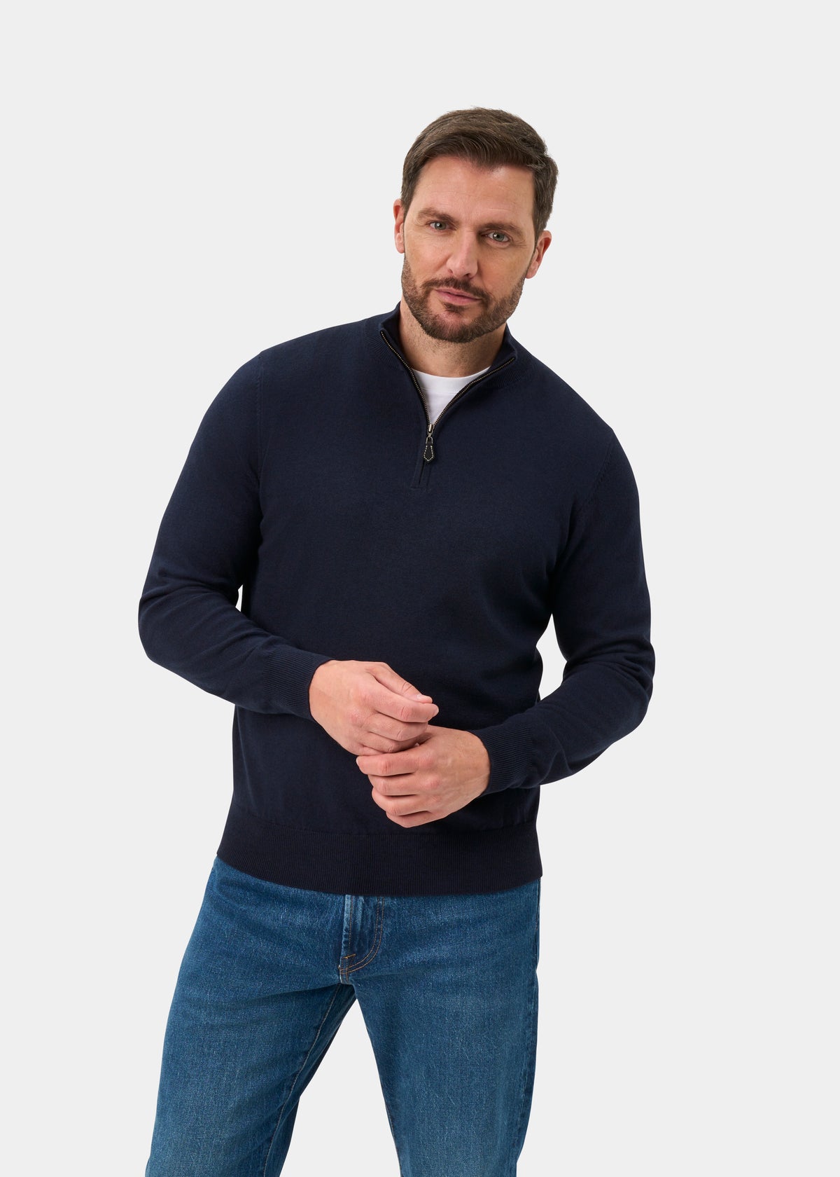 Ashfield Cotton Merino Quarter Zip Jumper In Dark Navy - Regular Fit