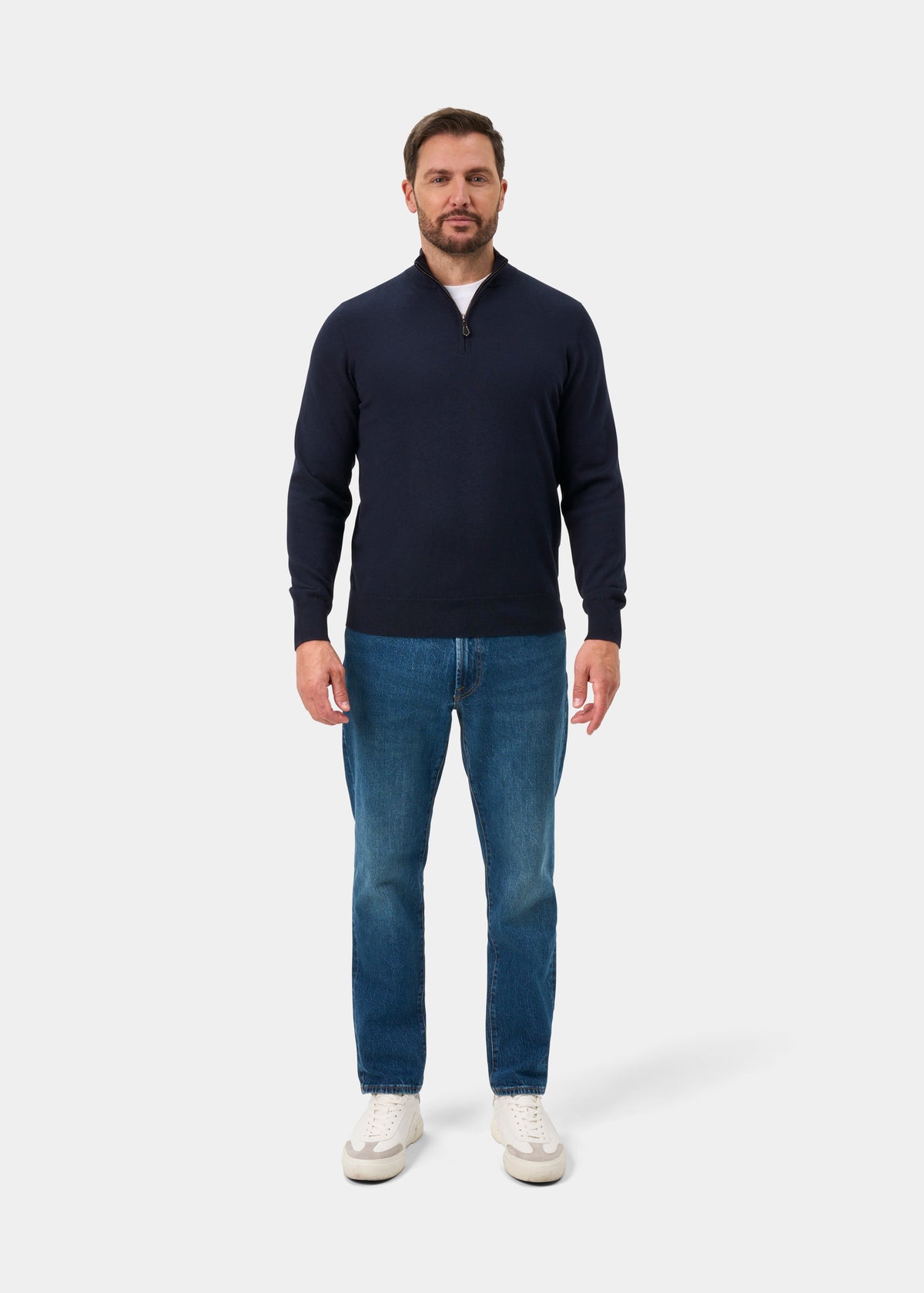 Ashfield Cotton Merino Quarter Zip Jumper In Dark Navy - Regular Fit