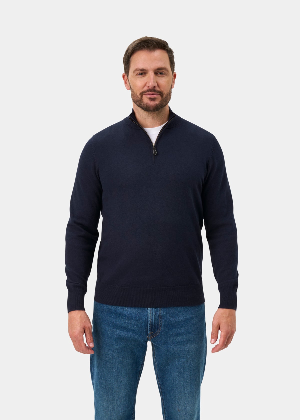 Ashfield Cotton Merino Quarter Zip Jumper In Dark Navy - Regular Fit