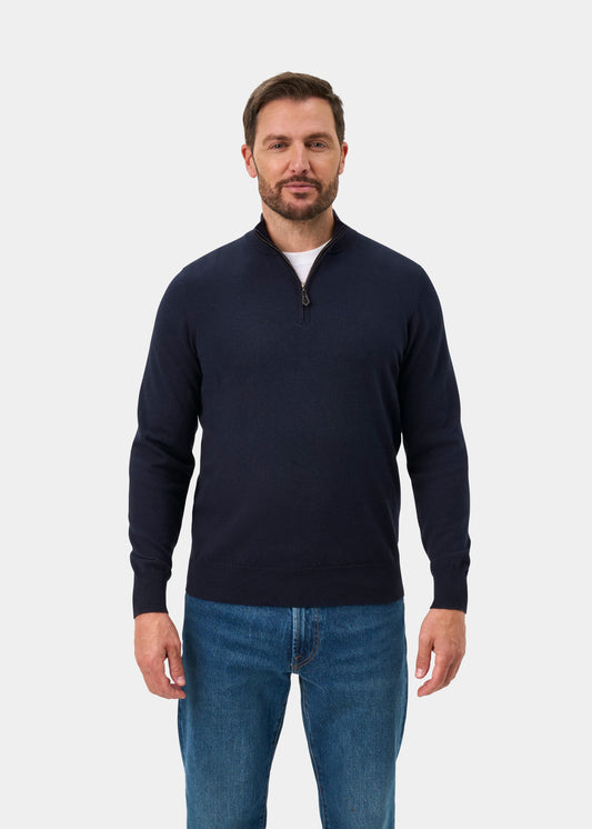 Ashfield Baumwolle Merino Pullover mit kurzem Reißverschluss In Dark Navy - Regulär Passform