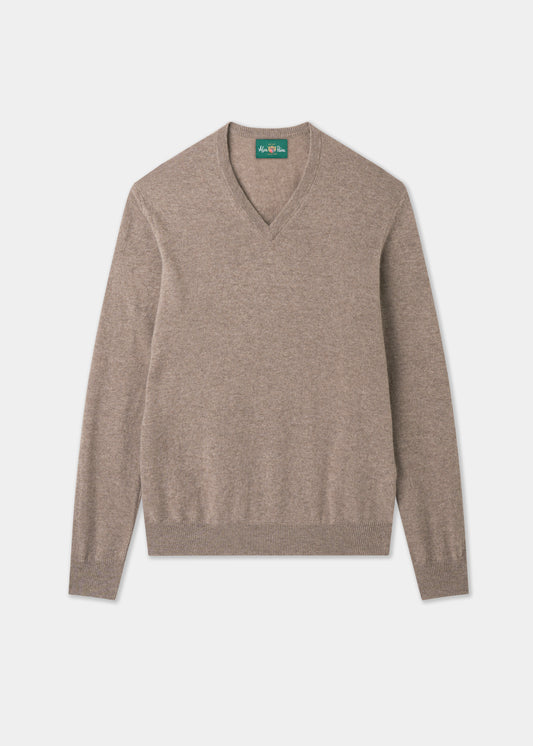 Men's Geelong Wool Vee Neck Jumper in Mushroom