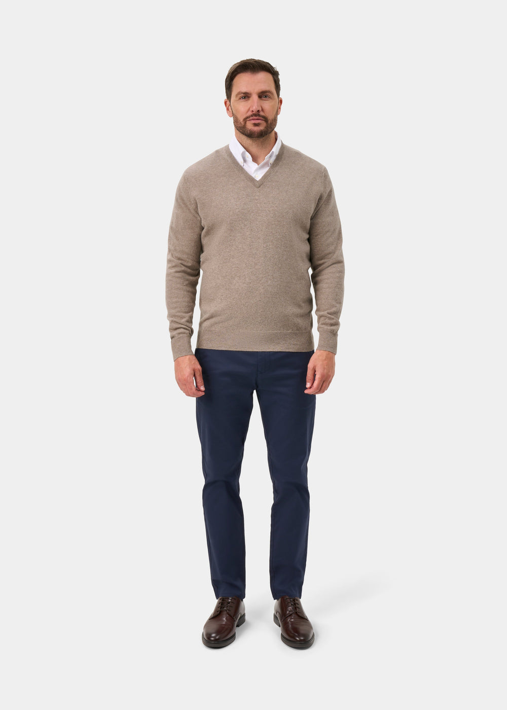 Albury Geelong Wool V-Neck Jumper In Mushroom - Regular Fit