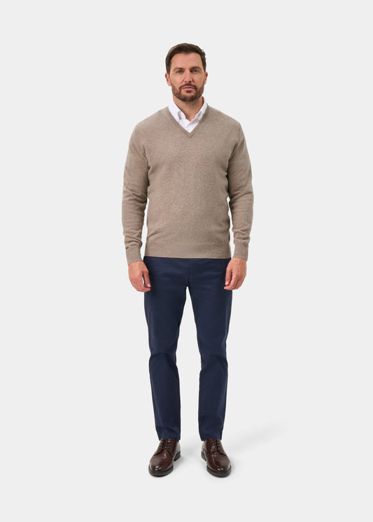 Albury Geelong Wool V-Neck Jumper In Mushroom - Regular Fit