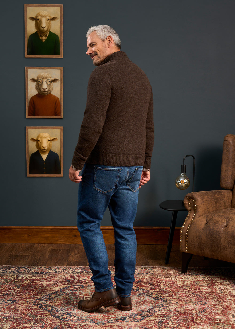 Mens-Lambswool-Cable-Front-Zip-Mock-Neck-Jumper-Brown