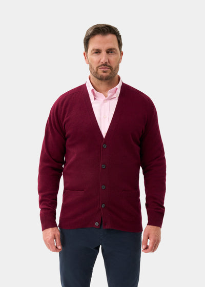 Men's Lambswool Vee Neck Cardigan Jumper in Bordeaux