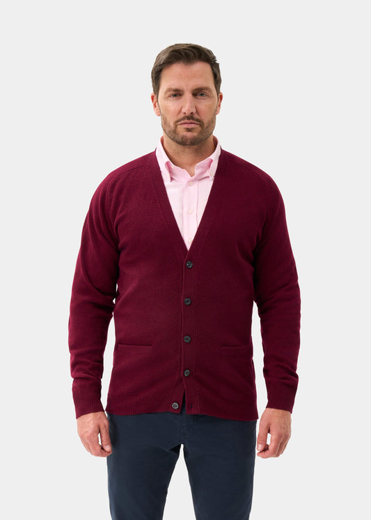 Men's Lambswool Vee Neck Cardigan Jumper in Bordeaux