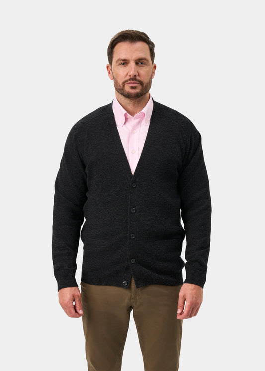 Cornwall Lambswool V-Neck Cardigan In Charcoal - Classic Fit