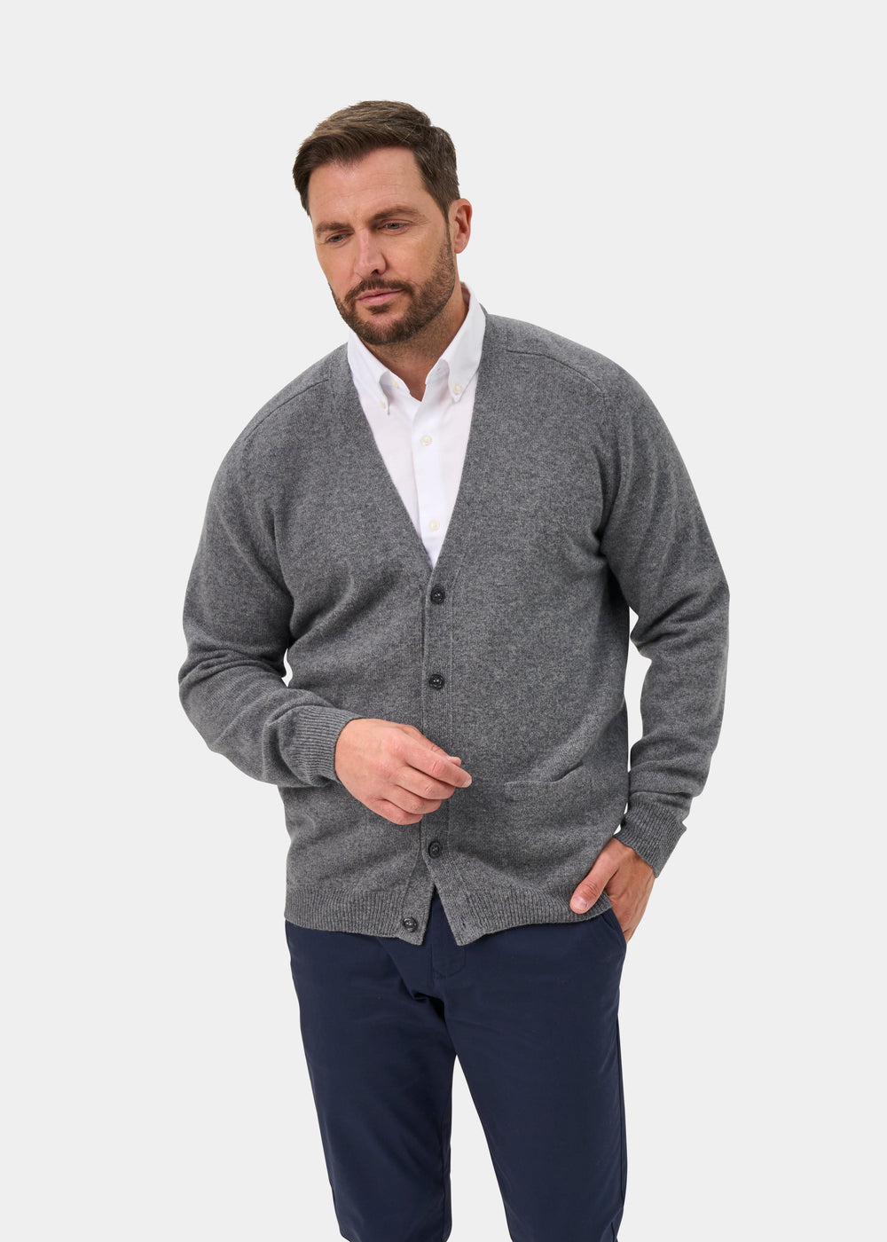 Cornwall Lambswool V-Neck Cardigan In Grey Mix - Classic Fit