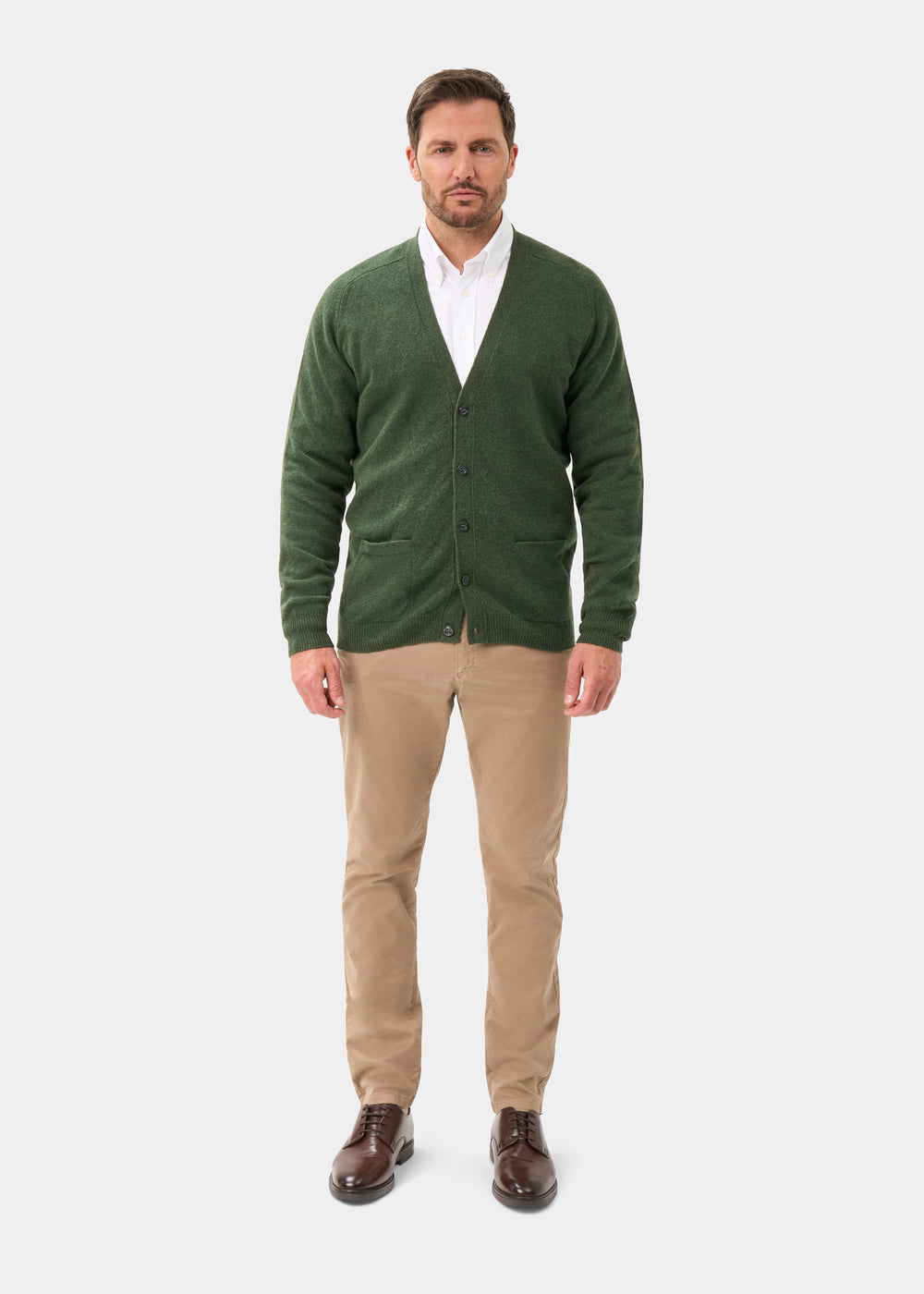 Men's Lambswool Vee Neck Cardigan Jumper in Rosemary
