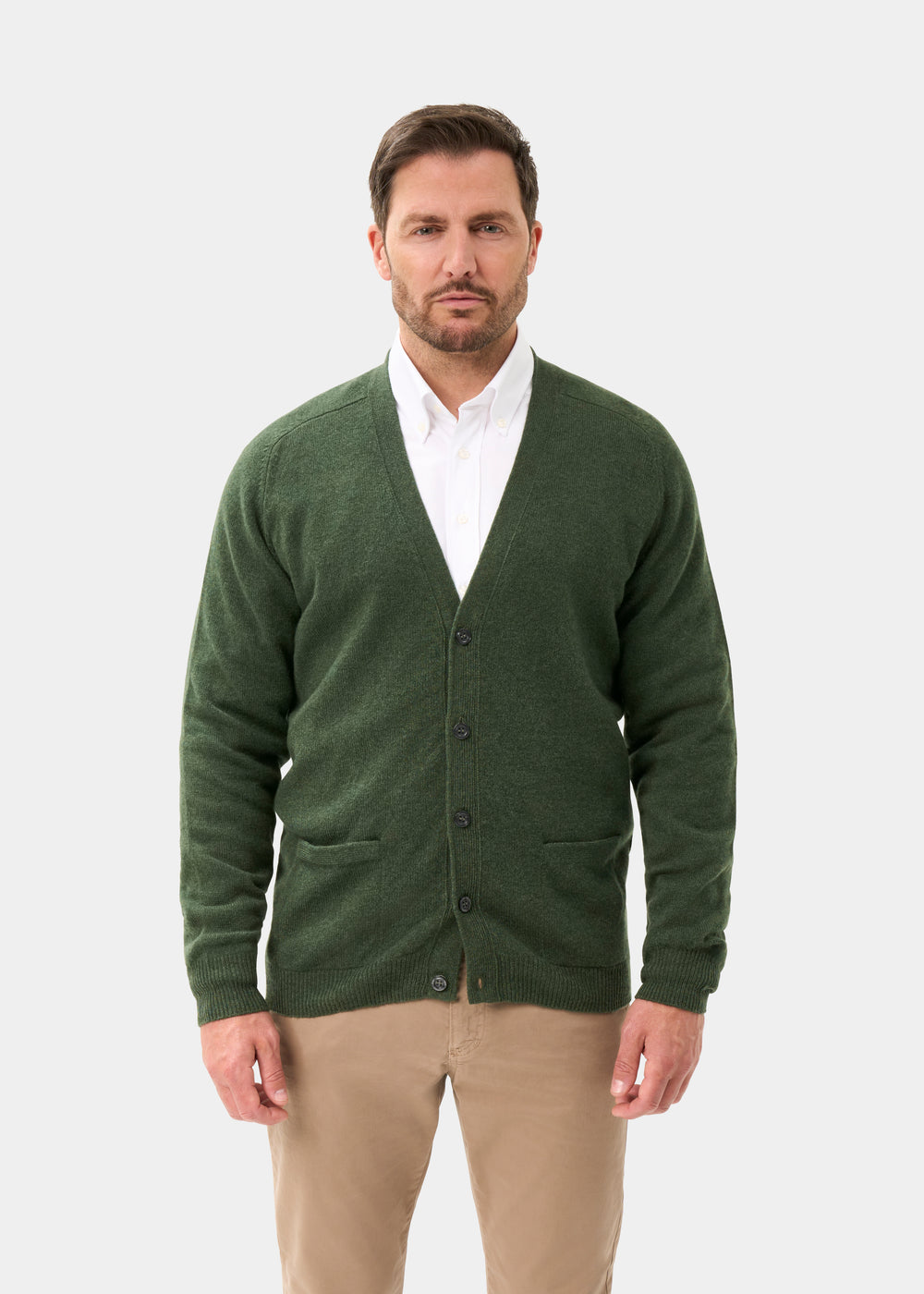 Men's Lambswool Vee Neck Cardigan Jumper in Rosemary