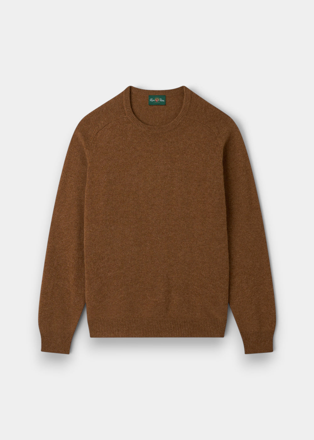 Lenzie Lambswool Crew Neck Jumper in Driftwood, regular fit, laid flat with long sleeves on a white background.