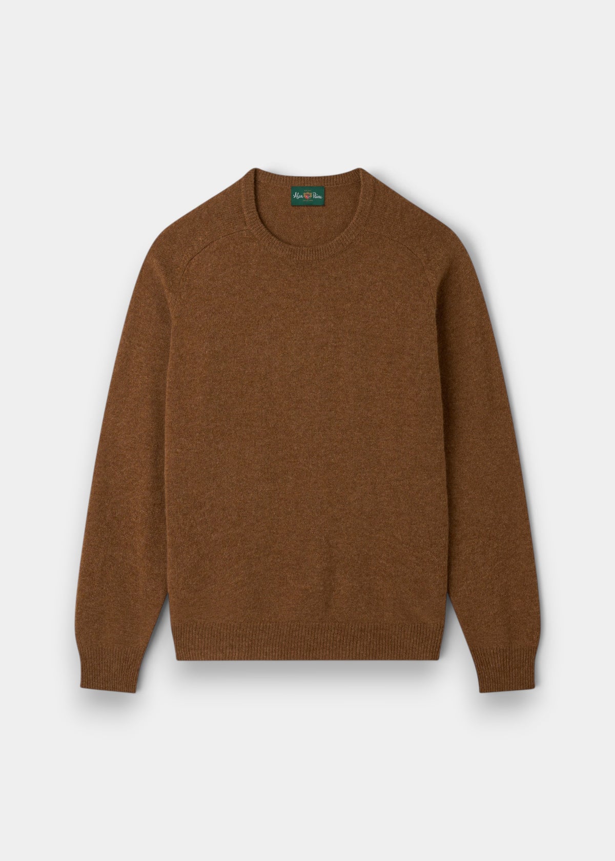 Lenzie Lambswool Crew Neck Jumper in Driftwood, regular fit, laid flat with long sleeves on a white background.