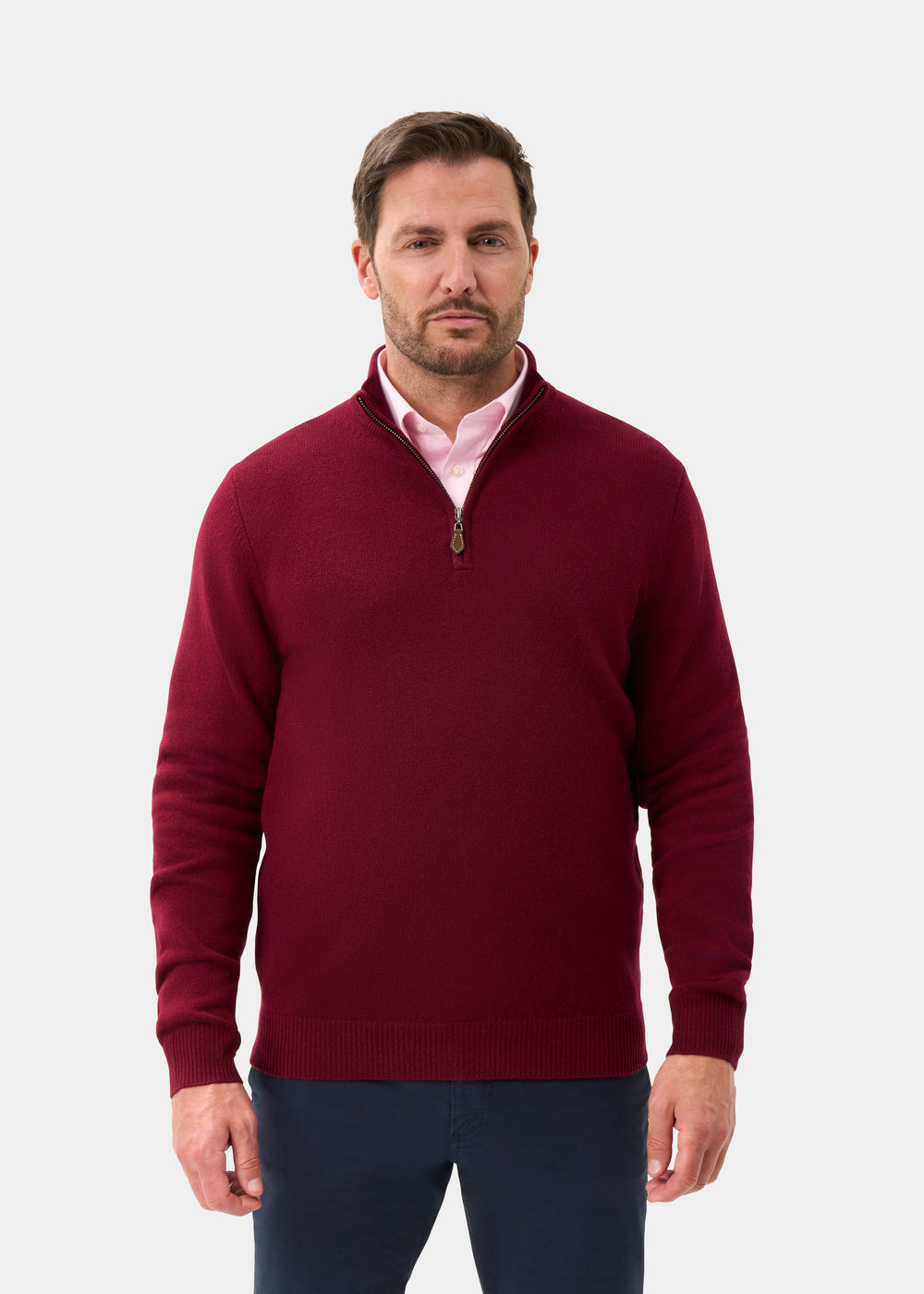 Men's Lambswool Quarter Zip Neck Jumper in Bordeaux