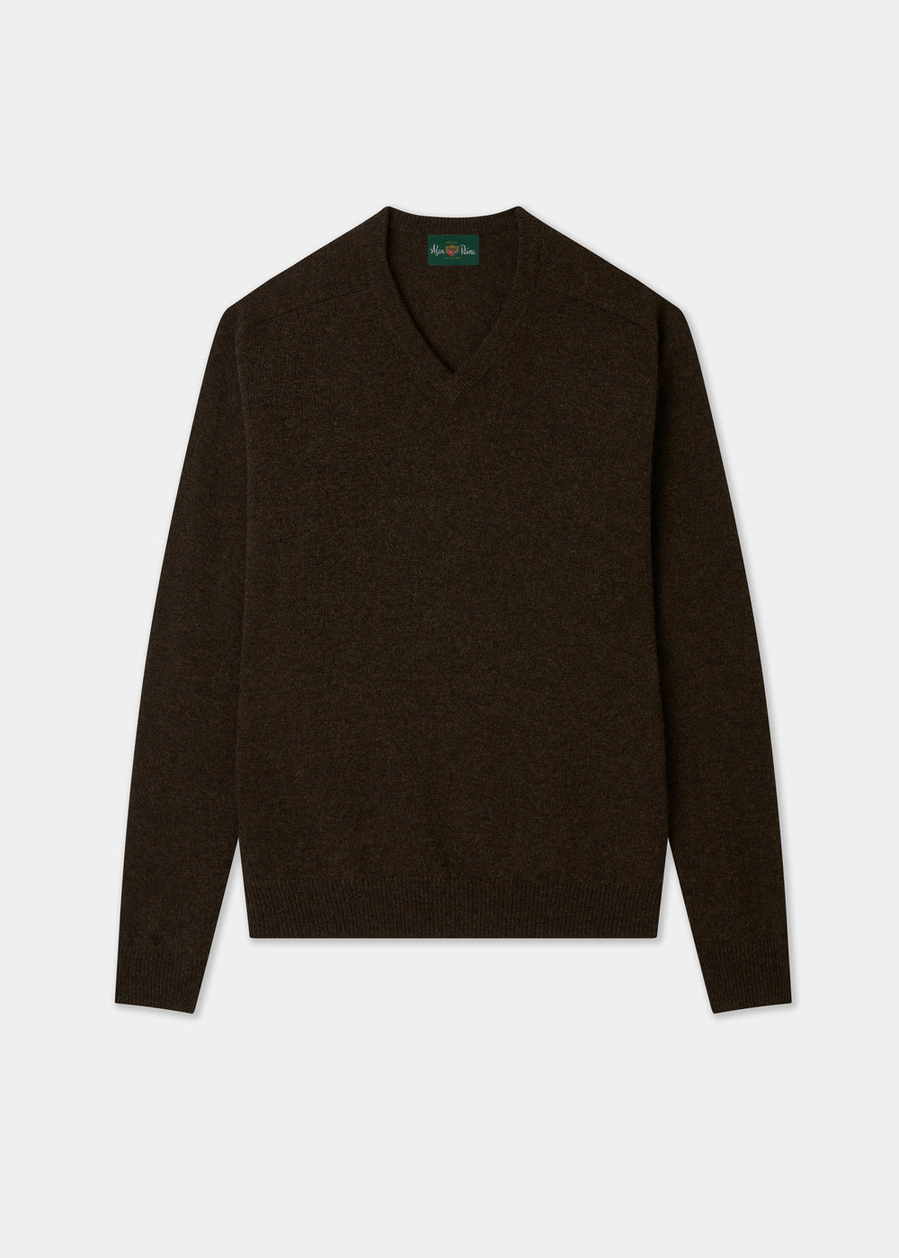 Kilsyth Lambswool Vee Neck Jumper in Cocoa, regular fit, shown laid flat on a white background.