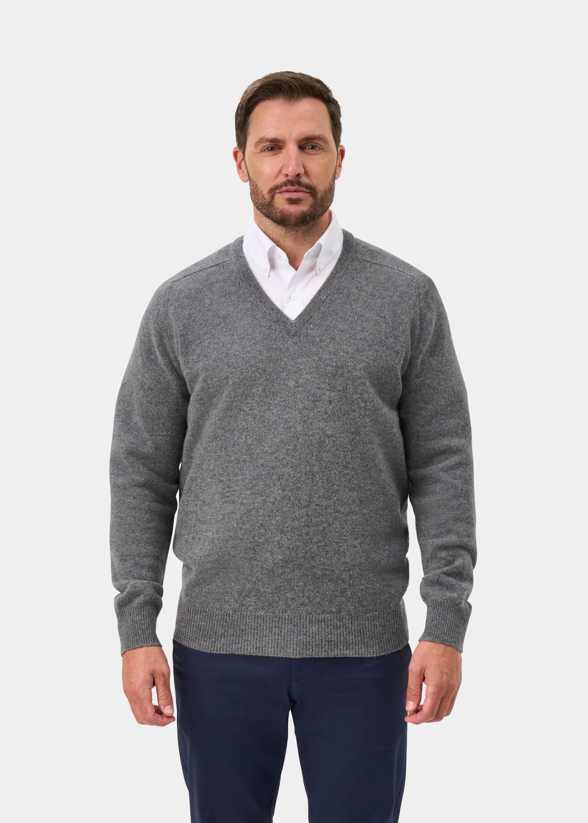 Hampshire Lambswool V-Neck Jumper In Grey Mix - Classic Fit