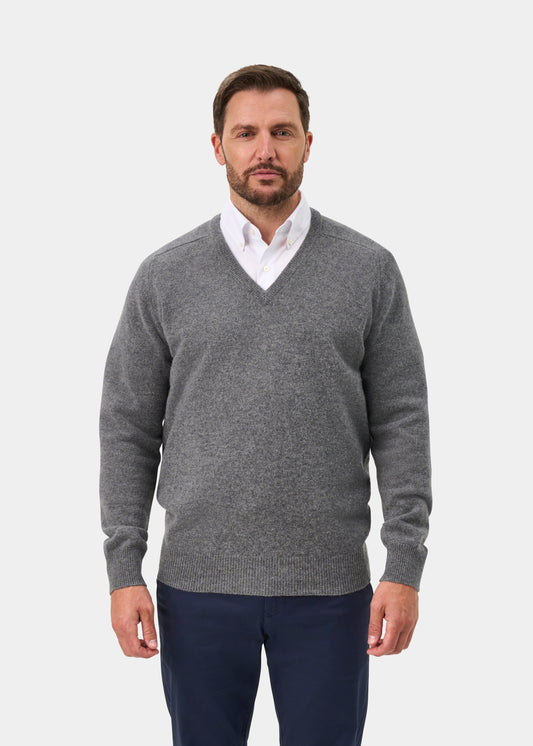 Hampshire Lambswool V-Neck Jumper In Grey Mix - Classic Fit