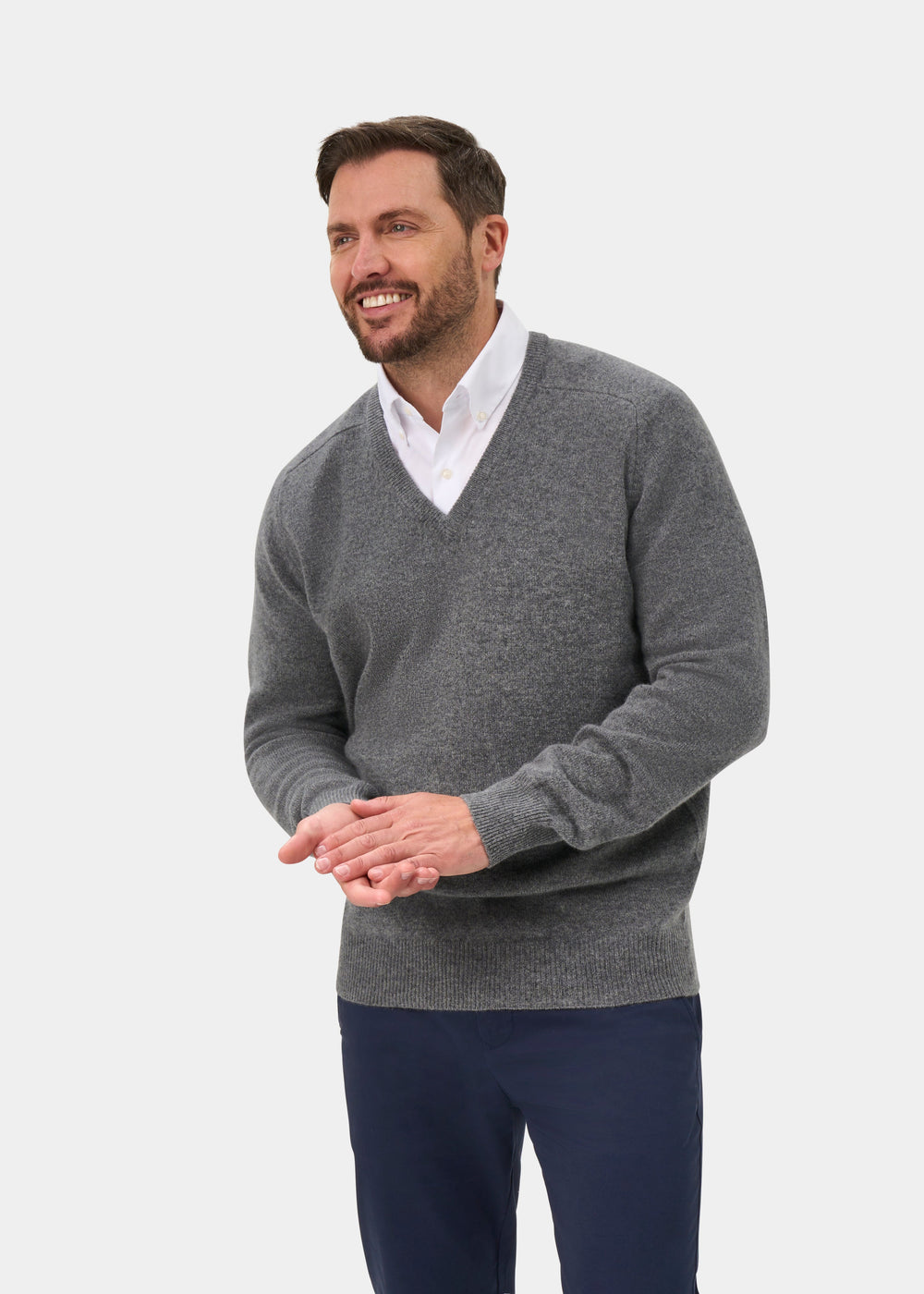 Hampshire Lambswool V-Neck Jumper In Grey Mix - Classic Fit